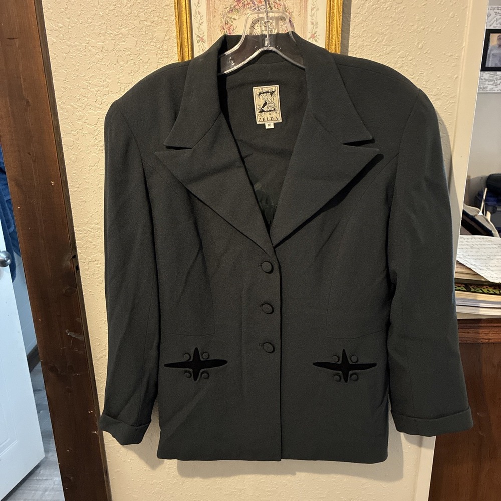 vtg womens 1980's zelda size 10 blazer dark green Acetate Mix USA Cloth Buttons
